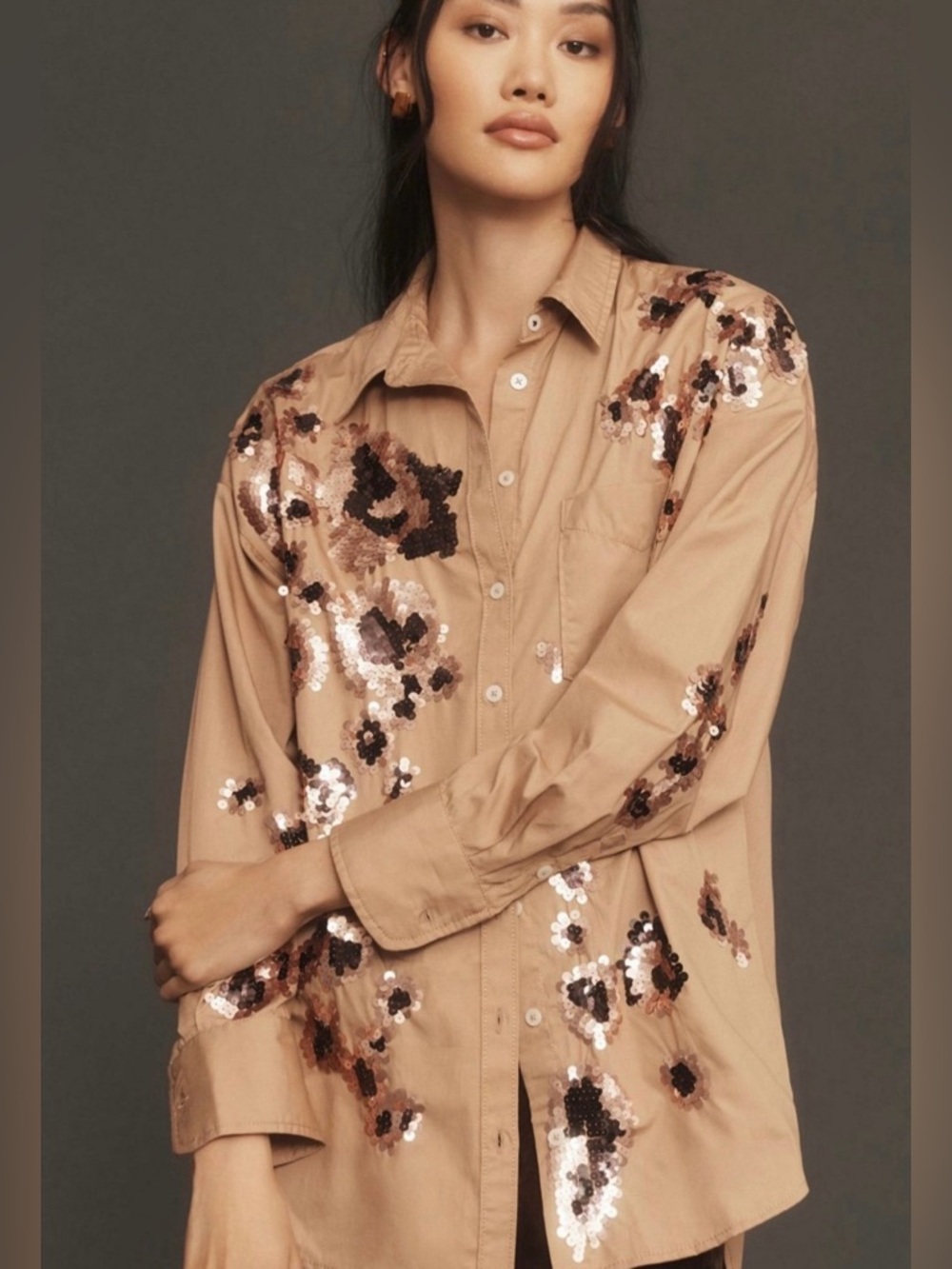 Anthropologie Tan Maeve Bennet Button Down  Embellished Sequin Blouse Size Large